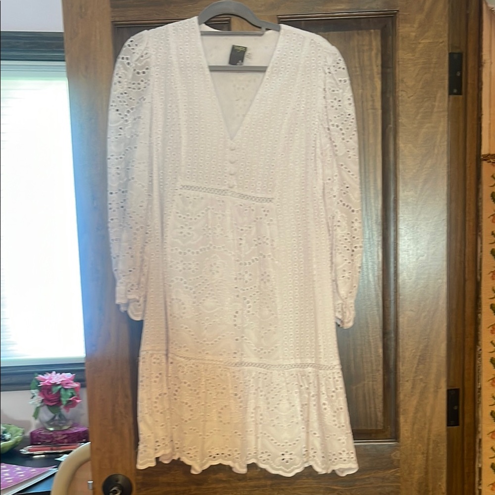 Taylor White eyelet tiered dress  with V-Neck and Bishop Sleeves